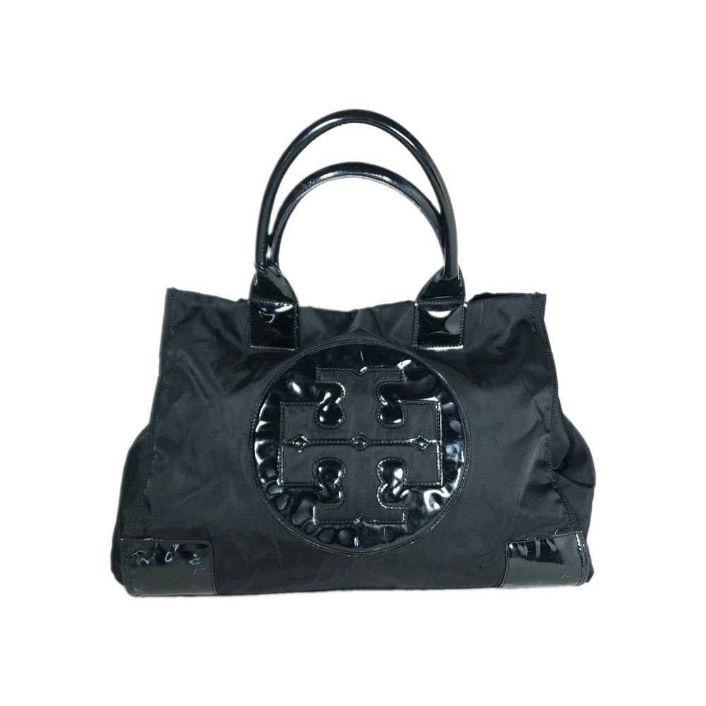 Tory Burch Ella Black Nylon Leather Trim Large Tote Bag Handbag